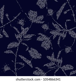 Beautiful silhouette of garden floral botanical fill in with hand drawing polka dots in white modern flowers on  navy blue background.