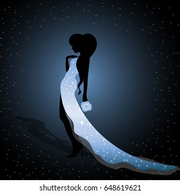Beautiful silhouette of a girl in shine blue dress with flower on dark background.