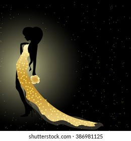Beautiful silhouette of a girl in shine gold dress with flower on dark background.