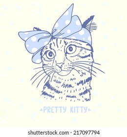 Beautiful silhouette hand drawn cute kitty with a bow on head