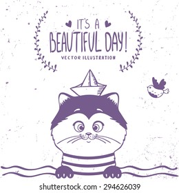 Beautiful silhouette hand drawn cute sailor kitty. Vector illustration