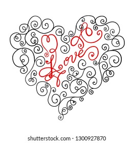 Beautiful silhouette of the heart of lace. Lettering. Love. Tattoo design or greeting card and invitation of wedding, birthday, Valentine's Day, mother's day and seasonal holiday.