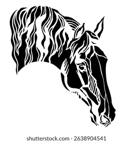 Beautiful silhouette of horse head. Vector illustration of black horse portrait, isolated on white background. Art template and stencil for embroidery, logo, design, tattoo, laser cutting