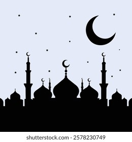  beautiful silhouette of an Islamic mosque with crescent moon and stars in the night sky. Perfect for Ramadan, Eid, and Islamic festival designs.