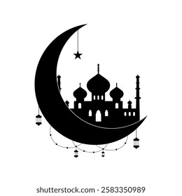 A beautiful silhouette of Islamic mosque with domes and minarets, elegantly placed within a crescent moon. Hanging lanterns and a star add a festive and spiritual touch, symbolizing Islamic culture