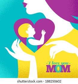 Beautiful silhouette  of mother and baby in heart. Card of Happy Mother's Day