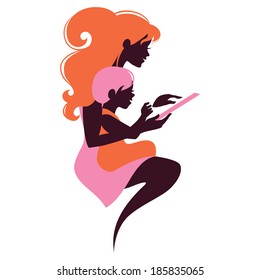 Beautiful silhouette  of mother and baby looking tablet. Card of Happy Mother's Day