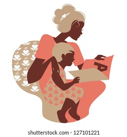 Beautiful silhouette  of mother and baby reading book. Card of Happy Mothers Day