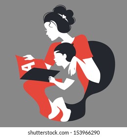 Beautiful silhouette  of mother and baby reading book. Card of Happy Mother's Day