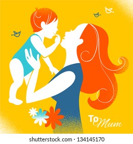 Beautiful silhouette of mother and baby in retro style. Cards of Happy Mother's Day