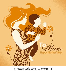 Beautiful silhouette of mother and baby in retro style. Cards of Happy Mother's Day 