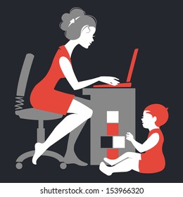 Beautiful silhouette of mother Ã?Â¢?? freelancer with notebook and baby playing with toys