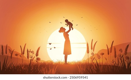 A beautiful silhouette of a mother lifting her child against a warm sunset, symbolizing love, care, and the bond between parent and child. content was created using vector drawing tools and software