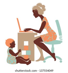 Beautiful silhouette of mother-freelancer with notebook and baby playing with toys