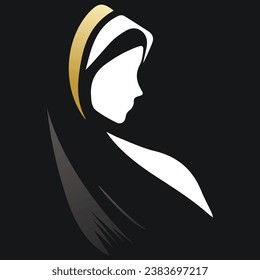 A beautiful silhouette of a Muslim woman wearing a golden hijab on a black background. This elegant and stylish vector is perfect for use in a variety of designs, including logos, branding, and social