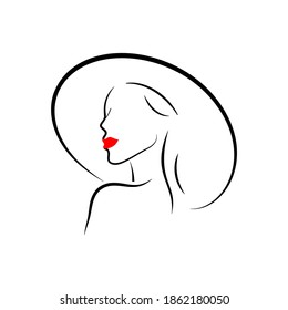 Beautiful silhouette outline female head in hat. Stylish logo of girl with red lips. Fashion lady icon