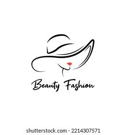 Beautiful silhouette outline female head in hat. Stylish logo of girl with red lips. Fashion lady icon