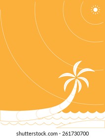 Beautiful silhouette palm on a sea beach. In orange and white monochrome. Can be used as template for your text. Very hot weather.