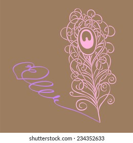 Beautiful silhouette peacock feather writes whorl heart-shaped