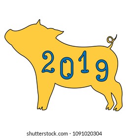 Beautiful silhouette of a pig yellow and numbers 2019 to the new year