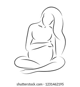 Beautiful silhouette of pregnant woman holding her belly, sitting on the ground. Pregnancy vector line art logo on white