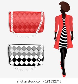 Beautiful silhouette in red coat and two fashion bag