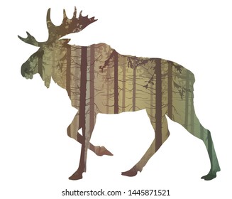 Beautiful silhouette of a running moose for your design. Inside is a pine forest. Black white isolated object. Vector illustration