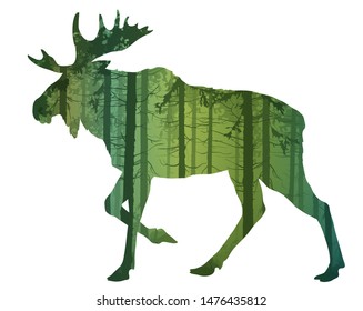 Beautiful silhouette of a running moose for your design. Inside is a pine forest. Black white isolated object. Vector illustration