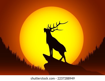 Beautiful silhouette of Stag or deer with horn  standing on the rock with sunset in the back 