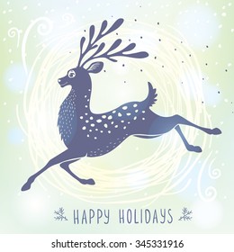 Beautiful silhouette stylized deer in jumping. Cartoon fairy deer. Amazing winter holiday card. Vector illustration