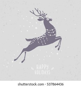 Beautiful silhouette stylized deer in jumping. Cartoon fairy deer. Amazing winter holiday card. Vector illustration