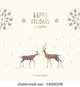 Beautiful silhouette stylized deers in jumping. Cartoon fairy deer. Amazing winter holiday card. Vector illustration
