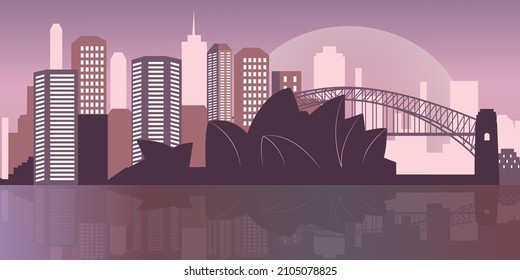 Beautiful silhouette of Sydney, Australia at sunsetdawn. Background. Vector illustration