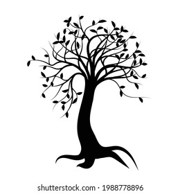 Beautiful silhouette tree in the forest with leaves, trunk, and big roots, isolated graphic design on white background.