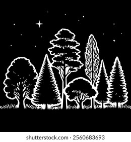 The beautiful silhouette of trees is prominently featured against a starry night sky background