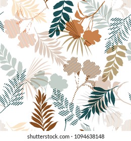 Beautiful of silhouette tropical foliage and fill in stripe leaves in colorful mood  seamless pattern in vector for fashion fabric and all prints on white