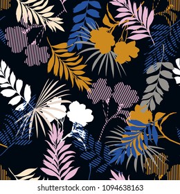 Beautiful of silhouette tropical foliage and fill in stripe leaves in colorful mood  seamless pattern in vector for fashion fabric and all prints on black