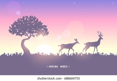 Beautiful silhouette of two stylized deer walk during a beautiful sunset. Stylish vector illustration. Silhouette Deer. Panoramic view nature