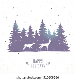 Beautiful silhouette of two stylized deers in the coniferous forest. Stylish vector illustration. Amazing winter holiday card