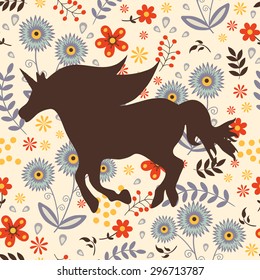 Beautiful silhouette Unicorn  horse on a floral background. Vector illustration