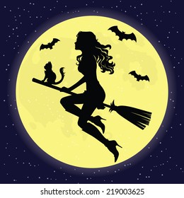 Beautiful silhouette of a witch on a broom 