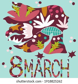 Beautiful silhouette of a woman with hair in profile with an ornament, March 8 inscription, artistic on a blue background. Spring womens day banner. Fashion banner concept.