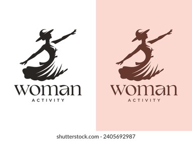 Beautiful Silhouette Woman logo design dancing wearing a dress and hat.