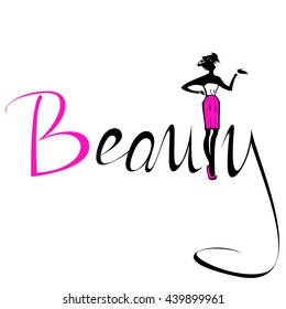 Beautiful silhouette woman in pink skirt Beauty Logo, symbol, icon, sign for salon, spa salon, firm company or center on colorful background. Vector illustration