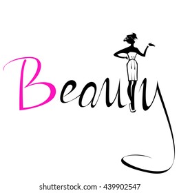 Beautiful silhouette woman in white skirt Beauty Logo, symbol, icon, sign for salon, spa salon, firm company or center on colorful background. Vector illustration