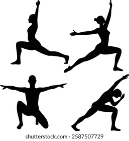 Beautiful Silhouette Yoga Poses: Warrior, Extended Side Angle, Reverse Warrior, and Humble Warrior