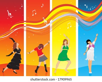 beautiful silhouettes in dancing pose on disco background, wallpaper