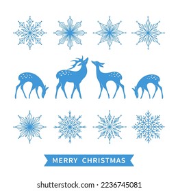 Beautiful silhouettes deer and Snowflakes. Winter elements for decor and holiday postcards. Happy christmas and new year. Vector illustration
