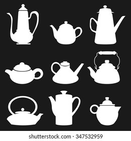 Beautiful silhouettes of different types of teapots on a black background