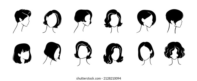 Beautiful silhouettes woman with short hair. Set of Female icons for beauty salon. Vector illustration.